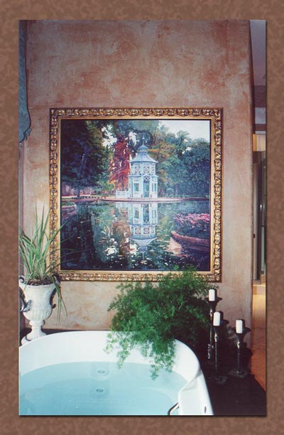 Frottage faux painting with a fine art painting above the tub