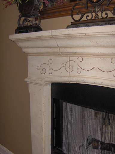 Fireplace after stenciling and color washing detail